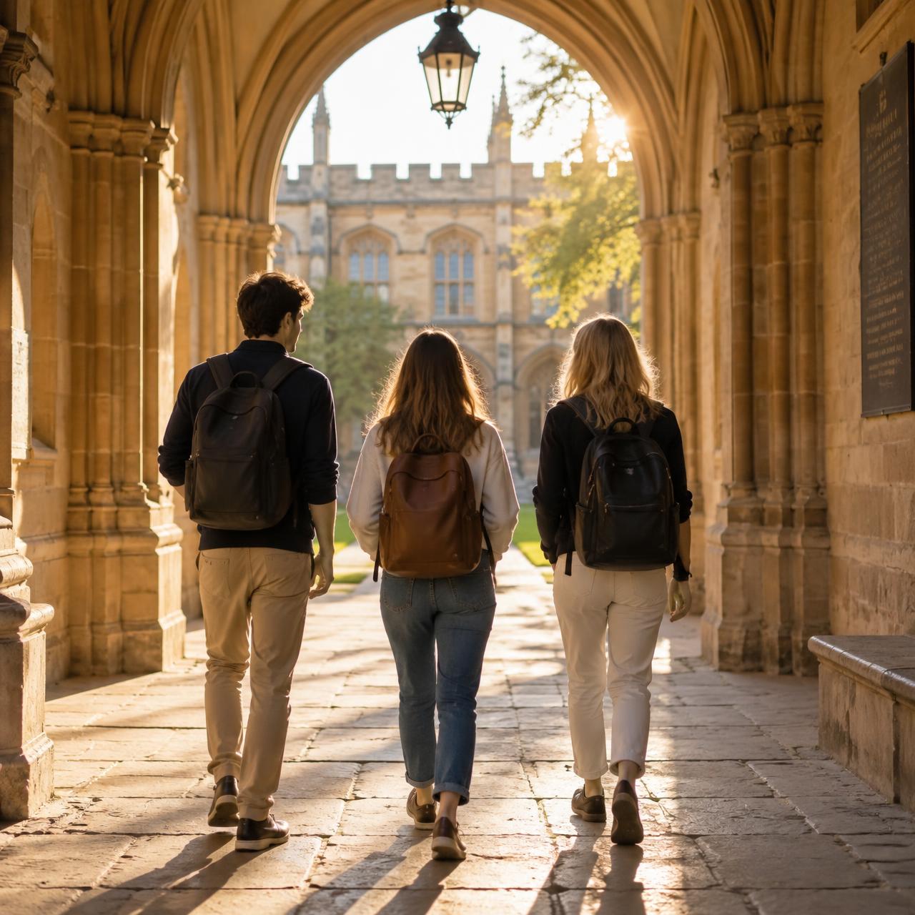 Students walking together through a sunlit university cloister